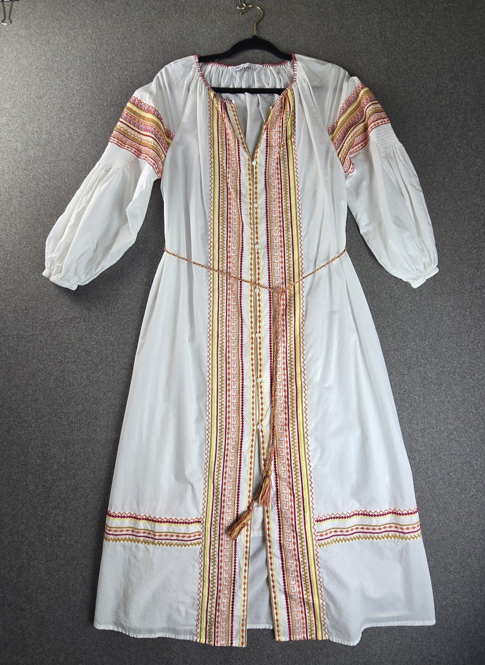 Zara Dress S White Embroidered Belted Boho Peasant
